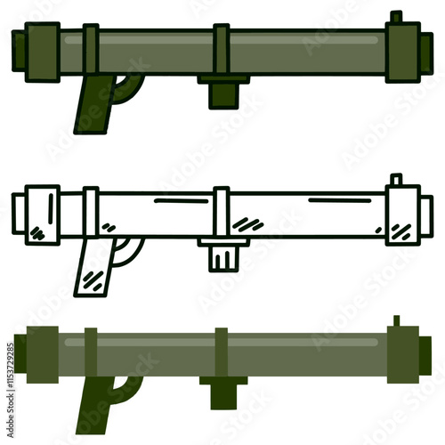 Bazooka gun. Rocket rpg launcher. War and battle element. Explosive missile handgun. Flat grenade military firearm. Cannon or rifle weapon. Army anti tank bazooka equipment