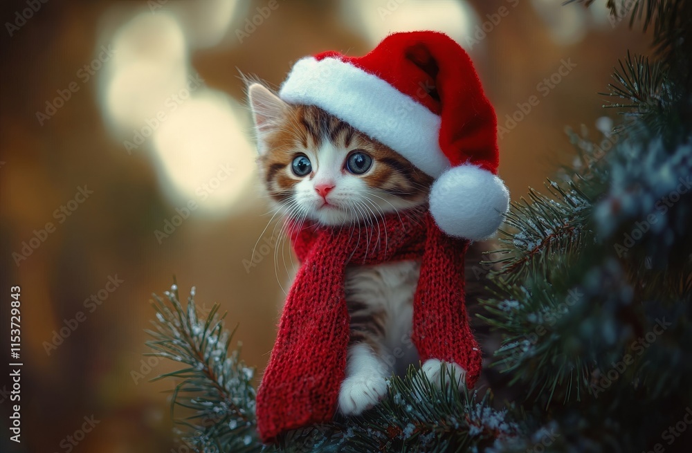 A funny cat, decked out in a red Santa hat, enjoys playing near the Christmas tree and gifts. A funny cat, decked out in a red Santa hat, enjoys playing near the Christmas tree and gifts.