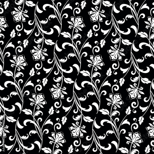 Flower pattern. Seamless white and black ornament. Graphic vector background.