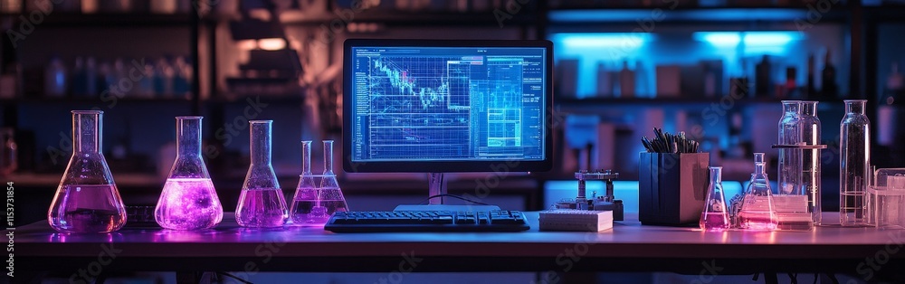 Modern laboratory with glowing flasks Modern laboratory with glowing flasks