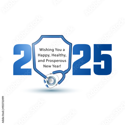 New Year 2025 number with doctor stethoscope creative concept. Happy, prosperous, Healthy and well wishes greeting card, post banner design.