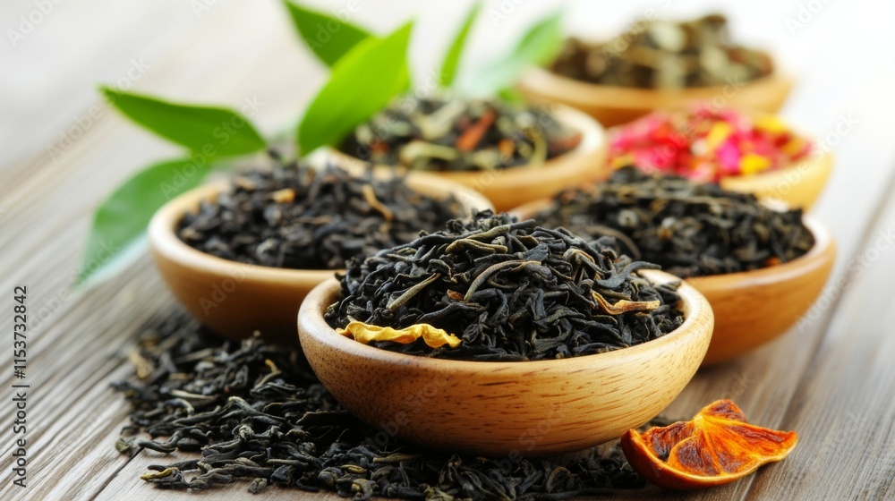 Assorted Teas in Natural Lighting on Wooden Surface Assorted Teas in Natural Lighting on Wooden Surface