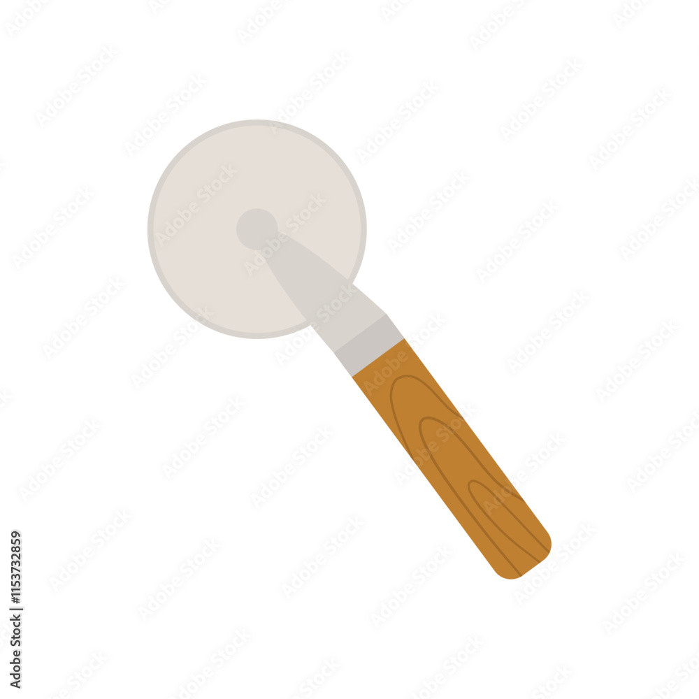 Pizza cutter with a wooden handle. Kitchen tool for pizza. Flat vector illustration, isolated on white background. Pizza cutter with a wooden handle. Kitchen tool for pizza. Flat vector illustration, isolated on white background.