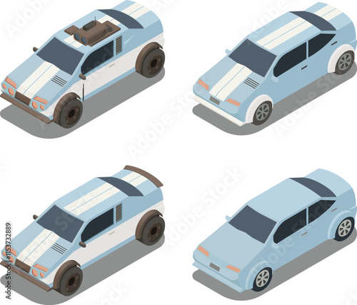 Isometric cars, post-apocalyptic style, racing stripe cars