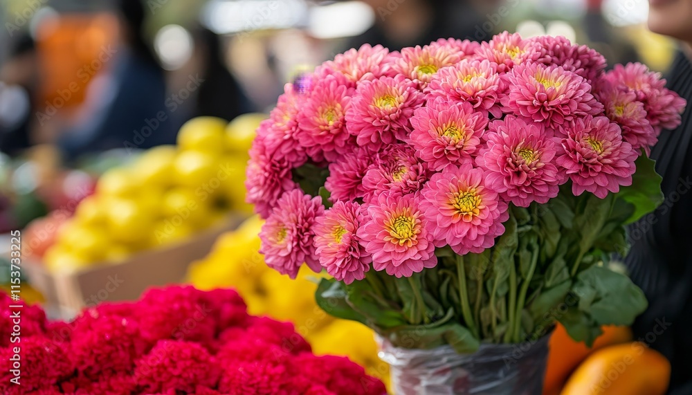 Vibrant Bouquet of Pink Dahlias at a Bustling Farmers Market, Bursting with Fresh Produce Vibrant Bouquet of Pink Dahlias at a Bustling Farmers Market, Bursting with Fresh Produce