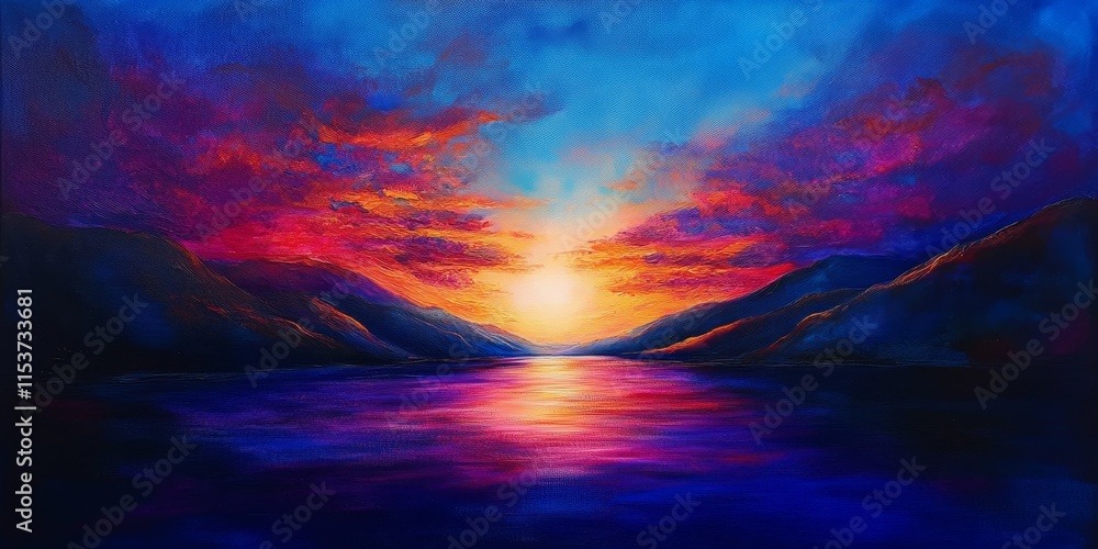 Fototapeta premium Vibrant blue violet sunset displayed in the brightest colors, showcasing the stunning beauty of a blue violet sunset that captivates and inspires with its vivid hues.