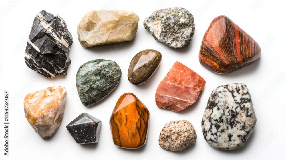 A collection of various polished stones in different shapes and colors, showcasing their natural beauty and unique textures. A collection of various polished stones in different shapes and colors, showcasing their natural beauty and unique textures.