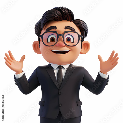 Happy Cartoon Character in Business Suit with Friendly Gesture