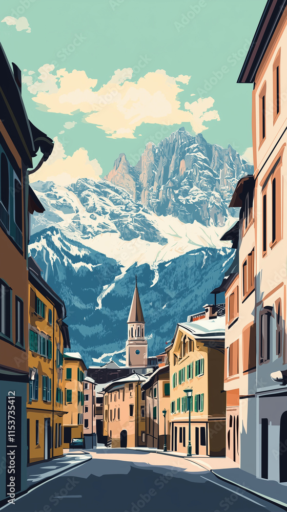 Naklejka premium Illustration, Cortina d’Ampezzo, a beautiful village in the Italian dolomites, Italy. Touristic advertisement poster. Promotional touristic poster. Must-see tourist travel destination.