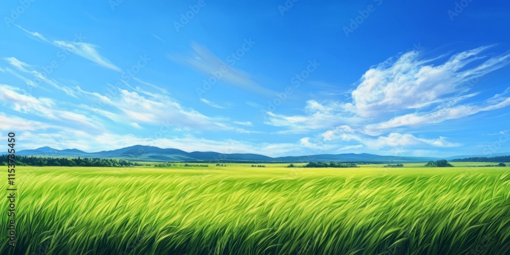 Fototapeta premium Vibrant summer landscape showcasing a lush green field under a clear blue sky, capturing the essence of summer landscape beauty with colors that evoke a sense of tranquility.
