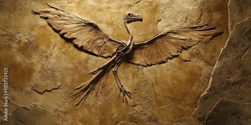 Fossil imprint of Archeopteryx, one of the earliest known prehistoric birds, showcasing its significance in understanding avian evolution and the history of birds through its remarkable fossil photo