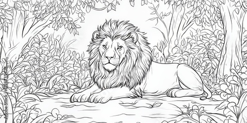 Template for a coloring book page suitable for both children and adults, showcasing a lion in a forest, offering a delightful opportunity to unwind and unleash creativity. photo