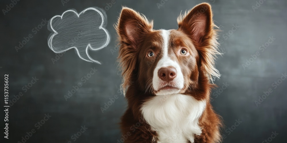 Adorable brown and white border collie contemplating a paw in a thought bubble hovering above, showcasing the playful imagination of this charming border collie. Adorable brown and white border collie contemplating a paw in a thought bubble hovering above, showcasing the playful imagination of this charming border collie.