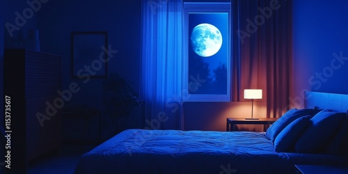 Moonlight illuminates the bedroom at night through the window, creating a serene atmosphere. The bed and table in the dark room showcase modern interior design, enhanced by blue moonlight and a lamp