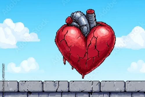 A pixel art depiction of a beating red heart with animated glowing edges, set against a retro 8-bit background resembling a video game health bar photo