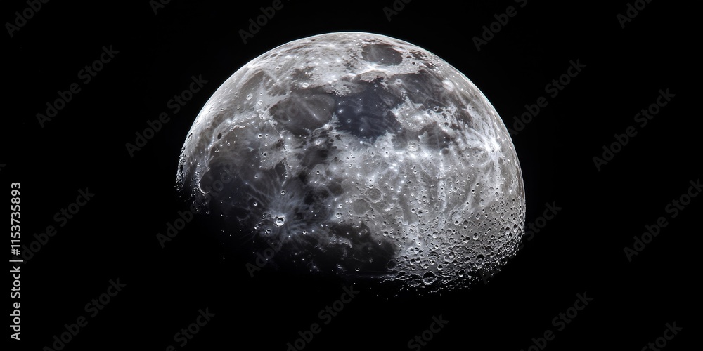 Obraz premium Detailed shot of the Moon captured at 1600mm focal length during the waning gibbous phase, showcasing its stunning features and unique surface characteristics of the Moon.
