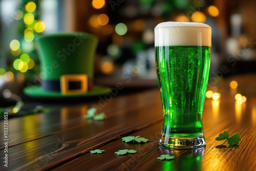 A side-on view of a vibrant green beer on a bar counter with St. Patrick's Day decorations. photo