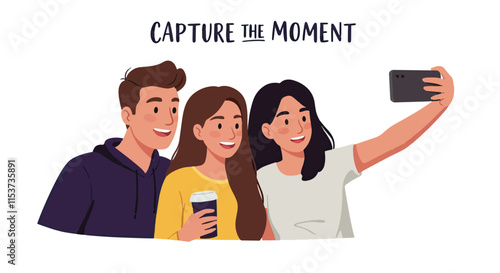 A boy and two girls taking selfie on the eve of new year and written on background capture the moment.