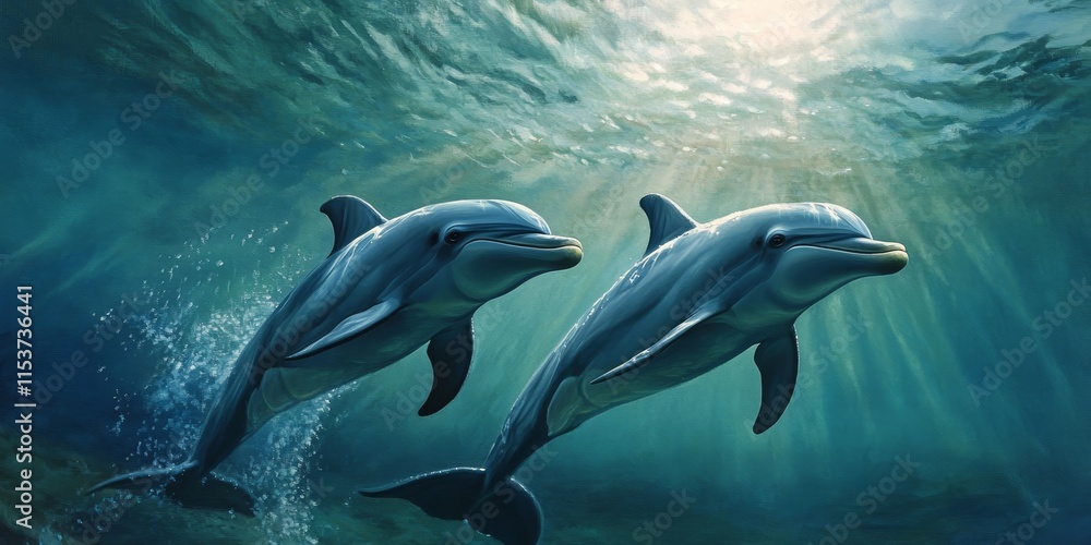 Naklejka premium A pair of dolphins gracefully swimming underwater, showcasing their playful nature and agility in the serene aquatic environment, emphasizing the beauty of dolphins in their natural habitat.