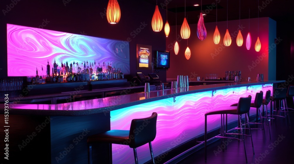 Lively bar atmosphere with neon art, pendant lights, a wide counter area, and a touch of sleek, modern design. Lively bar atmosphere with neon art, pendant lights, a wide counter area, and a touch of sleek, modern design.