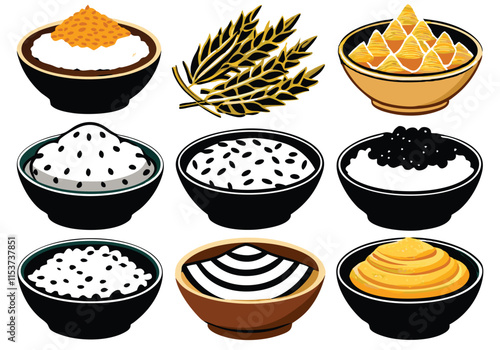 Premium Cereal Collection  Black and Gold Stylish Bowls: Rice, Chickpeas, and Seeds