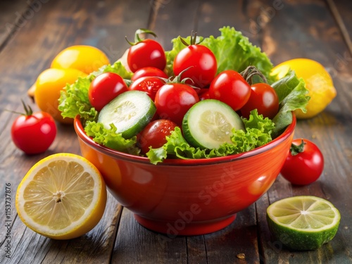 Vibrant Summer Salad Bowl: Red Bowl, Cherry Tomatoes, Cucumber, Lemon, Lettuce - Rule of Thirds Photography