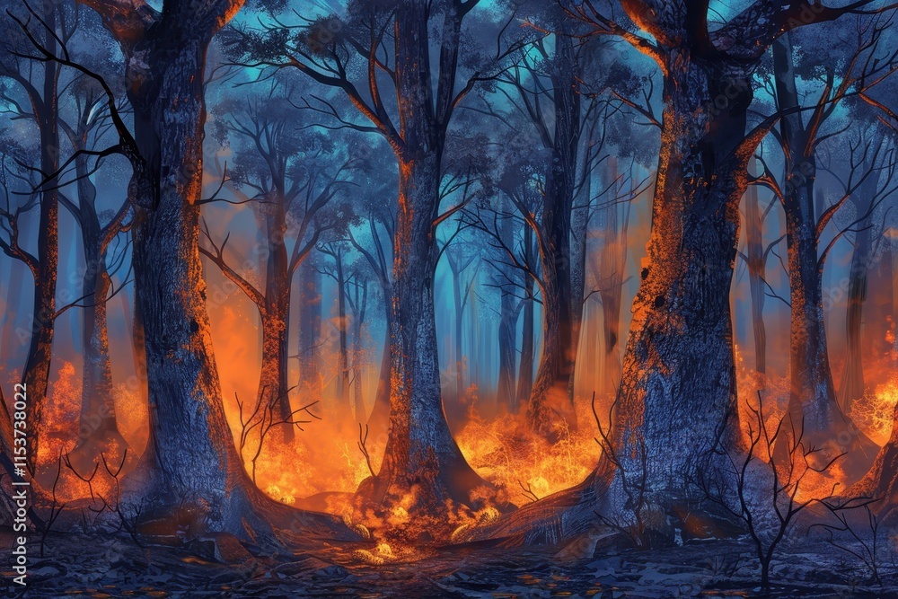 Burning Forest With Tall Trees and Smoke Burning Forest With Tall Trees and Smoke