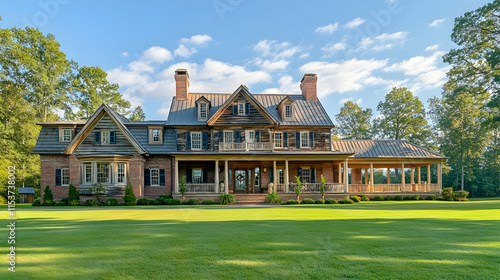 Rustic colonial mansion in Williamsburg Virginia with brick facade and wraparound porch photo