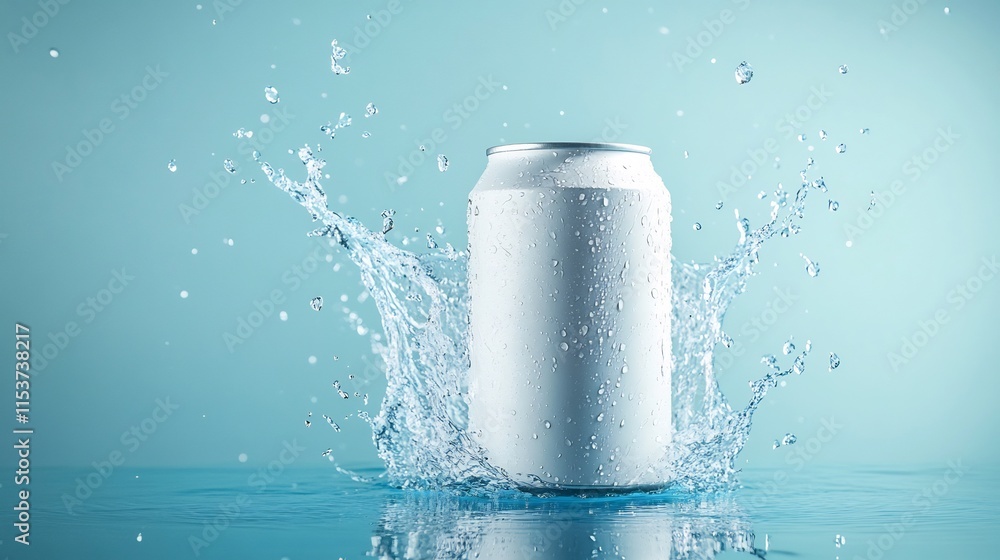 Refreshing Drink Can in a Splash of Water: Cool Summer Beverage Refreshing Drink Can in a Splash of Water: Cool Summer Beverage