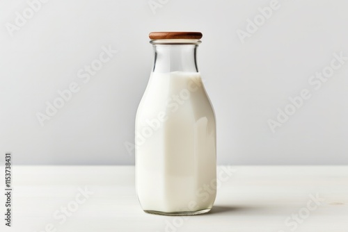 A vintage-style glass milk bottle filled with whole milk, surrounded by a soft shadow on a pure white backdrop