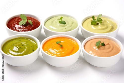 Colorful array of dipping sauces including rich teriyaki, bright lime vinaigrette, creamy buffalo sauce, and herby pesto