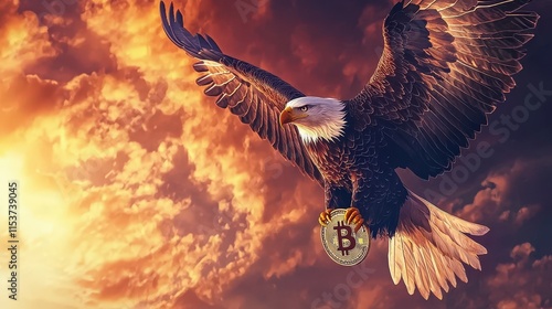 A stunning illustration of a bald eagle gripping a Bitcoin coin as it flies through a radiant golden sunset sky, embodying power and the ascent of cryptocurrency. AI generated. photo