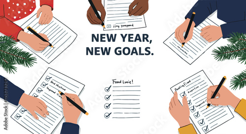 Handwritten New Year new goals for the upcoming New Year, vector illustration on white background.