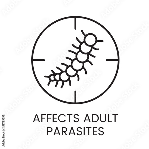 A vector linear icon of a circle with a zoomed view of a parasite silhouette, representing the effect on adult parasites with an editable stroke