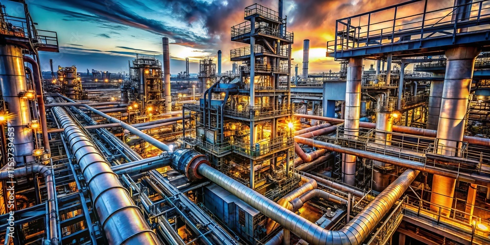 Fototapeta premium Worm's Eye View: Industrial Complex Pipes and Machinery - Aerial Perspective