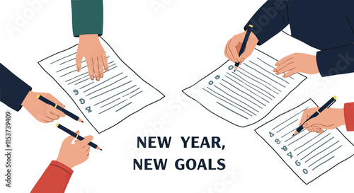 New year New goals are written on white background with letters and hands, vector illustration.