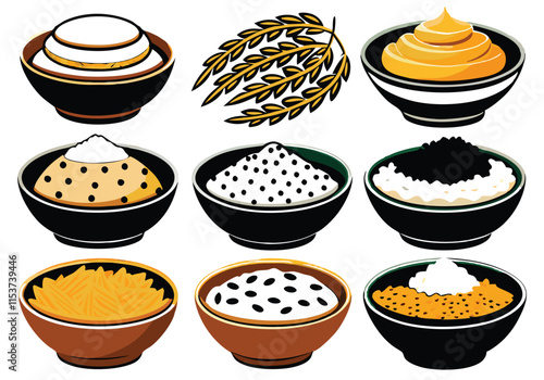 Premium Cereal Collection  Black and Gold Stylish Bowls: Rice, Chickpeas, and Seeds