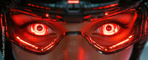 Captivating eyes glow with a striking red hue, framed by sleek futuristic eyewear. The intense illumination creates a mesmerizing effect, highlighting advanced design features.