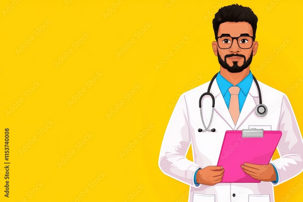 A stylized flat design of a doctor holding a clipboard, drawn in bright primary colors with simple shapes A stylized flat design of a doctor holding a clipboard, drawn in bright primary colors with simple shapes