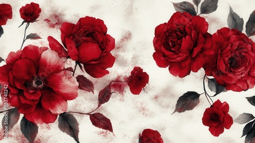 Fototapeta Naklejka Na Ścianę i Meble -  Watercolor painting of red roses and foliage on a textured background.