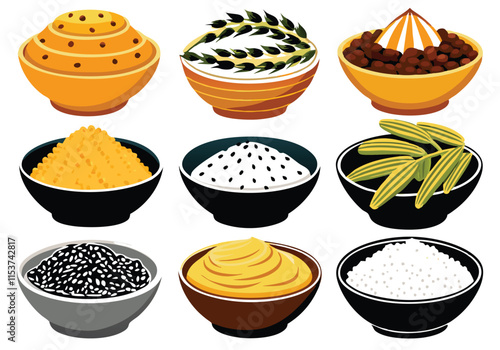 Premium Cereal Collection  Black and Gold Stylish Bowls: Rice, Chickpeas, and Seeds