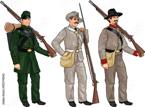 Obraz na płótnie Set of Three Soldiers in Uniforms and with Rifles from American Civil War during