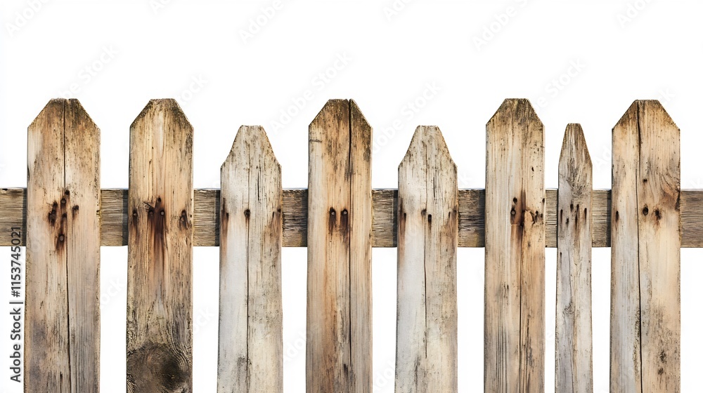 Rustic Wooden Fence Isolated on White Background: Weathered Picket Fence Rustic Wooden Fence Isolated on White Background: Weathered Picket Fence