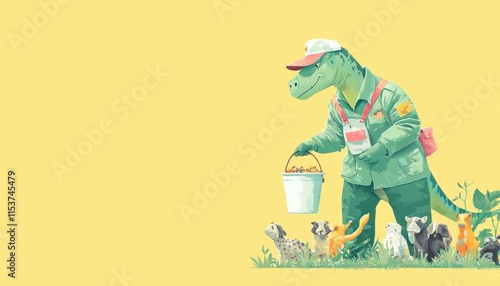 Playful Dinosaur in Uniform Feeding a Group of Happy Pets with Vibrant Yellow Background photo