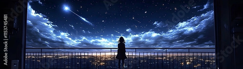 Night Cityscape Illustration Featuring a Girl Watching a Shooting Star photo