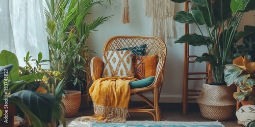 Vertical image showcasing a cozy living room featuring a boho ethnic interior design, complete with a wicker chair, decorative pillows, and cushions, surrounded by lush green plants in flower pots. photo