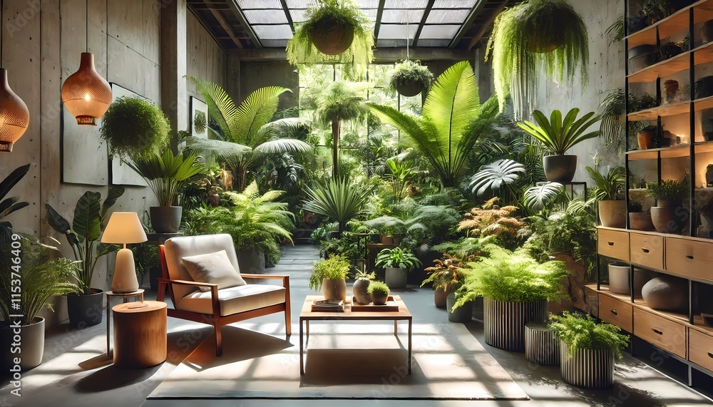 An inviting indoor garden featuring abundant green plants, a cozy seating area, and soft natural light filtering in, designed to create a serene and tranquil atmosphere An inviting indoor garden featuring abundant green plants, a cozy seating area, and soft natural light filtering in, designed to create a serene and tranquil atmosphere