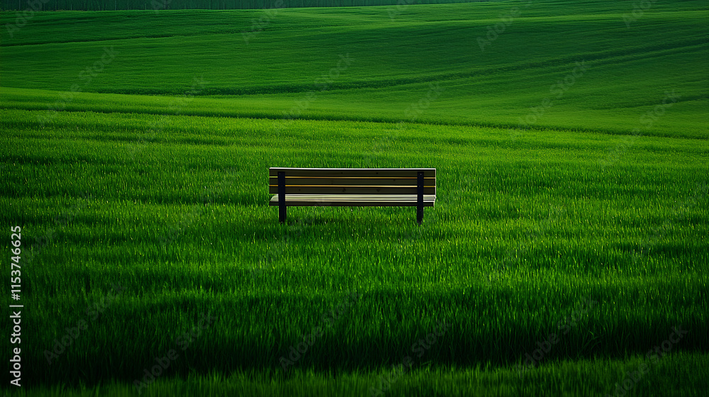 Tranquil Solitude: Wooden Bench Amidst Verdant Sea of Lush Greenery Tranquil Solitude: Wooden Bench Amidst Verdant Sea of Lush Greenery