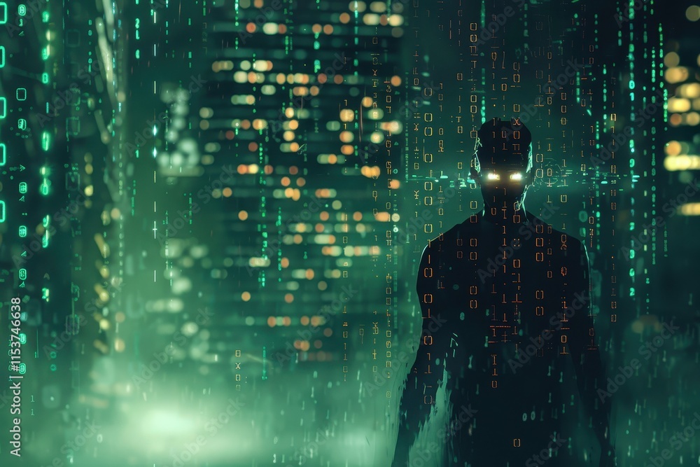 Fototapeta premium Silhouetted Figure in a Digital Rain of Binary Code