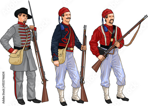 Set of Three Soldiers in Uniforms and with Rifles from American Civil War during the Bull Run Campaign in 1861, Illustration, EPS 10 Vector